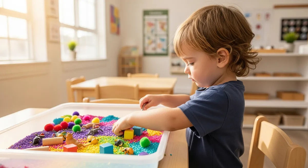 Toddler exploring a colorful sensory bin activity for early learning development