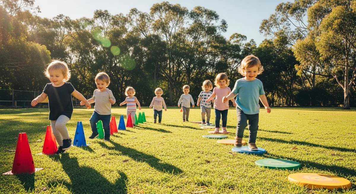 Happy toddlers playing outdoor educational activities on a preschool playground