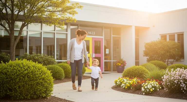 Parent and toddler walking toward a bright childcare center entrance on a sunny morning
