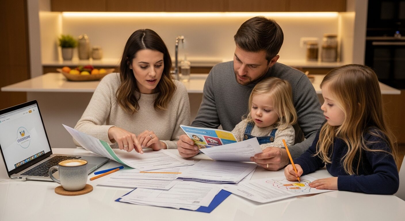 Family reviewing childcare enrollment paperwork and documents together at a kitchen table