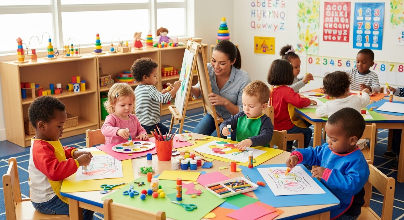 Diverse group of happy preschoolers engaged in a hands-on learning activity in a bright classroom