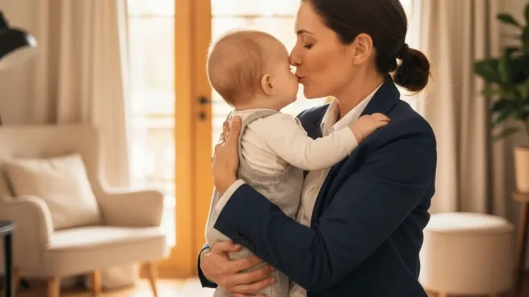 Mother hugging her baby before returning to work, preparing for the daycare transition