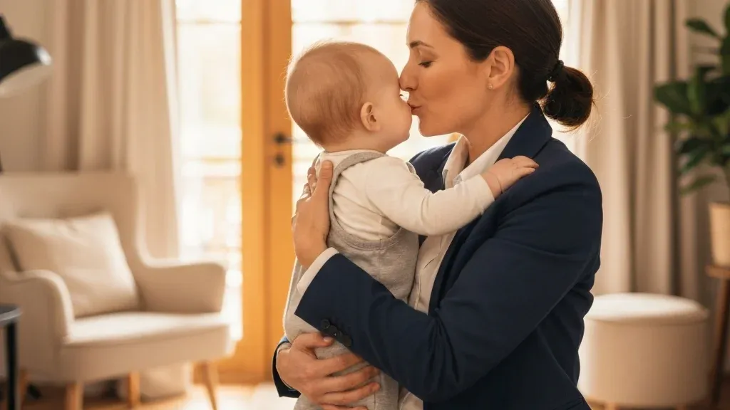 Mother hugging her baby before returning to work, preparing for the daycare transition