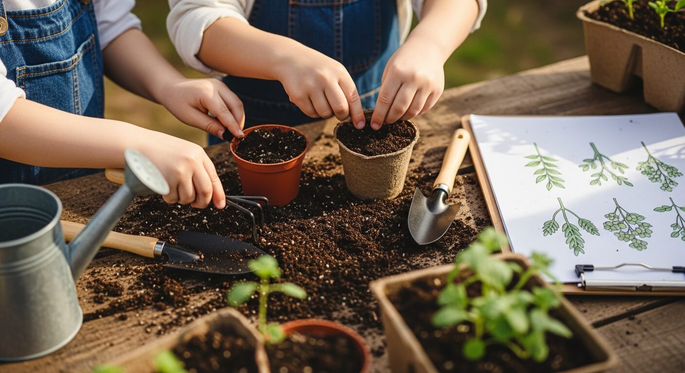 Preschool children planting seeds in a hands-on garden project as part of early childhood project based learning