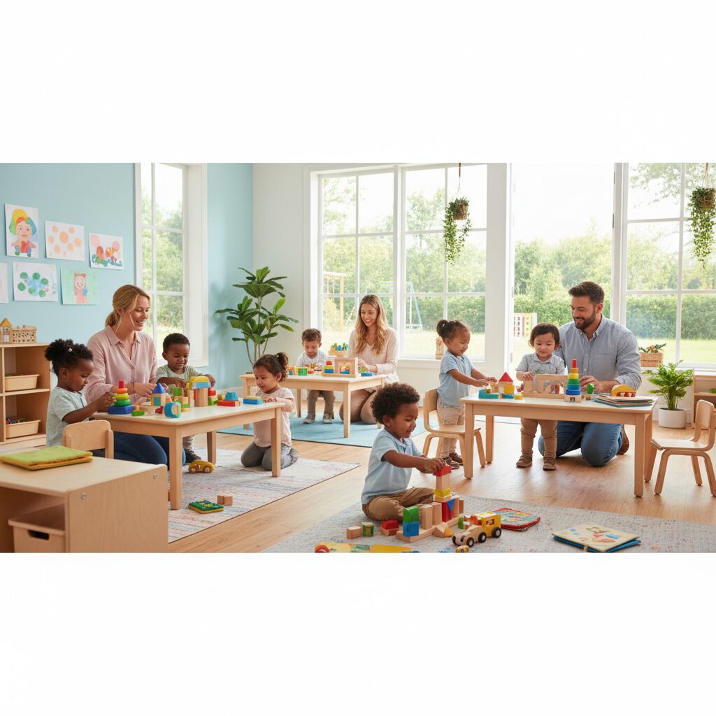 Happy toddlers playing with educational toys in a bright daycare classroom