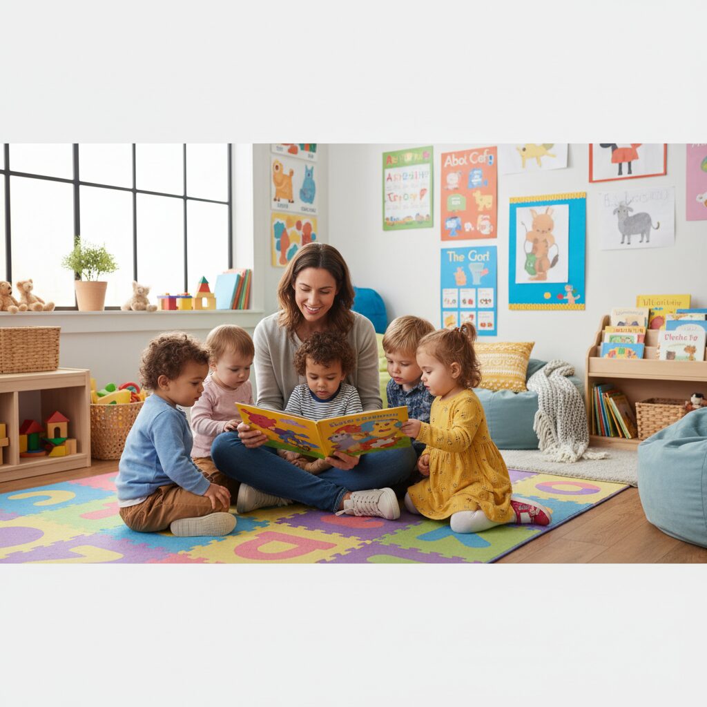 Early childhood teacher reading to toddlers during circle time in a daycare classroom