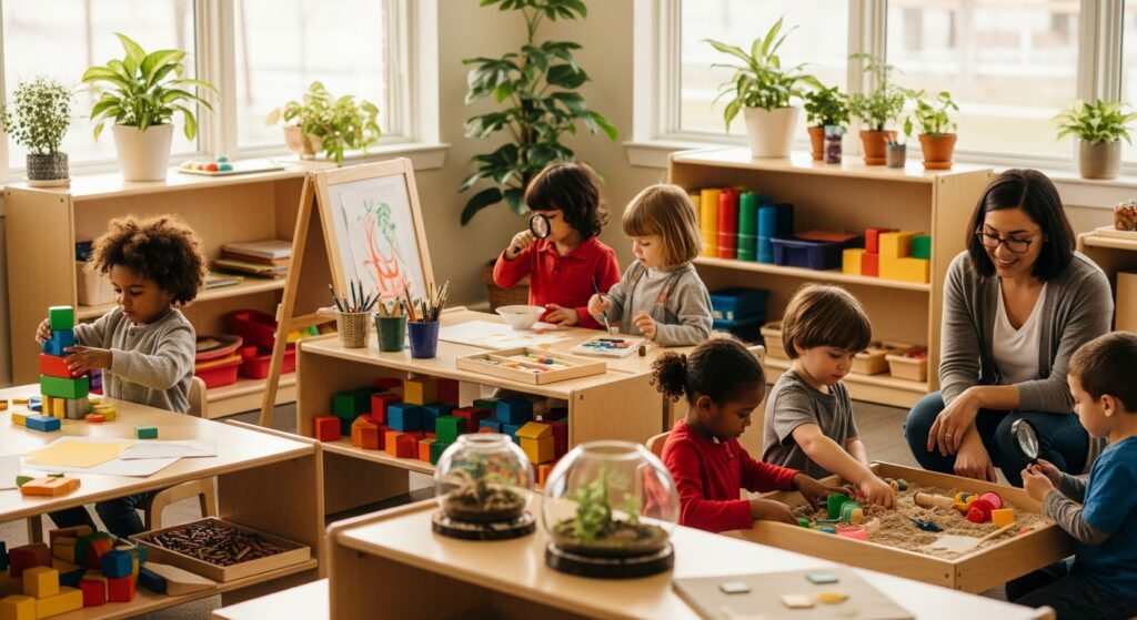 Children engaged in hands-on learning in an early childhood education classroom with natural light and organized learning stations