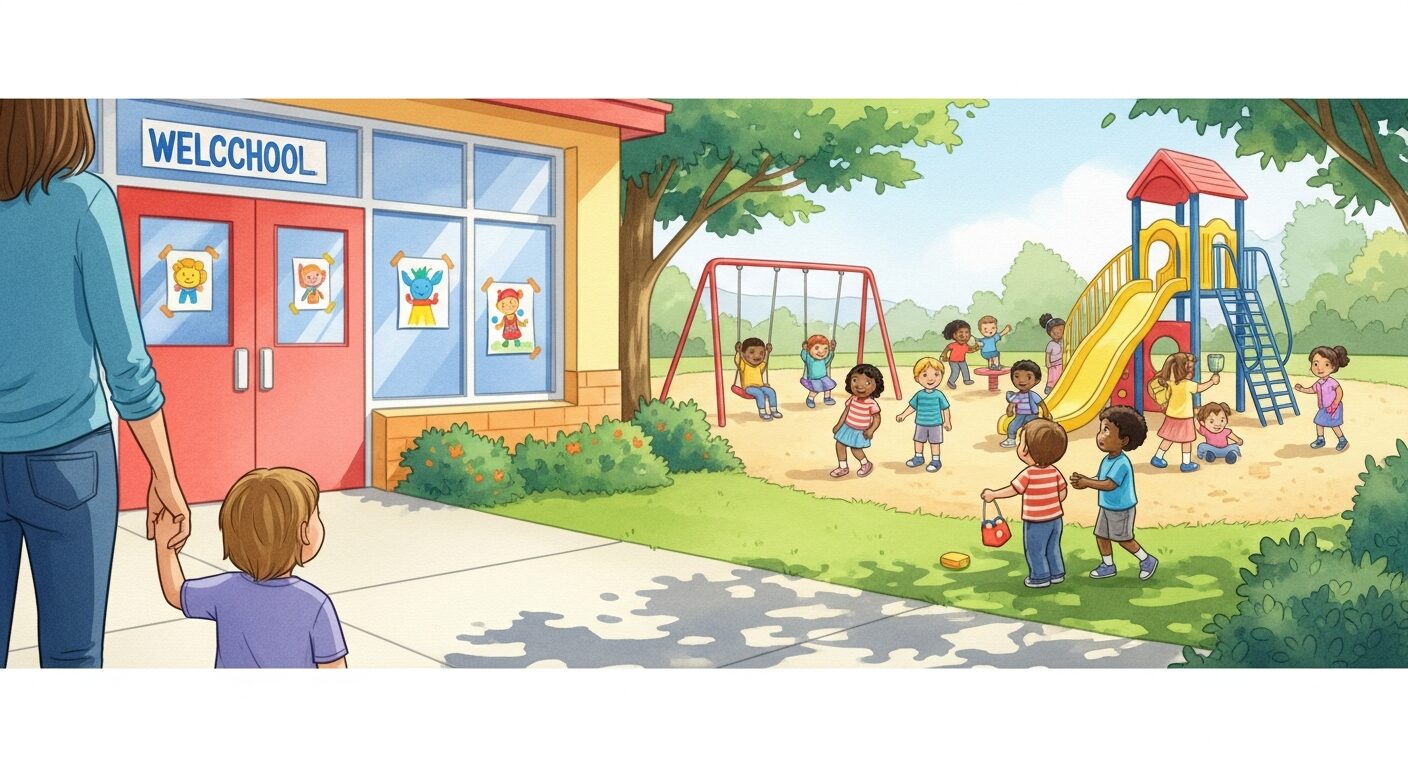 Parent and child visiting a welcoming preschool with a colorful playground