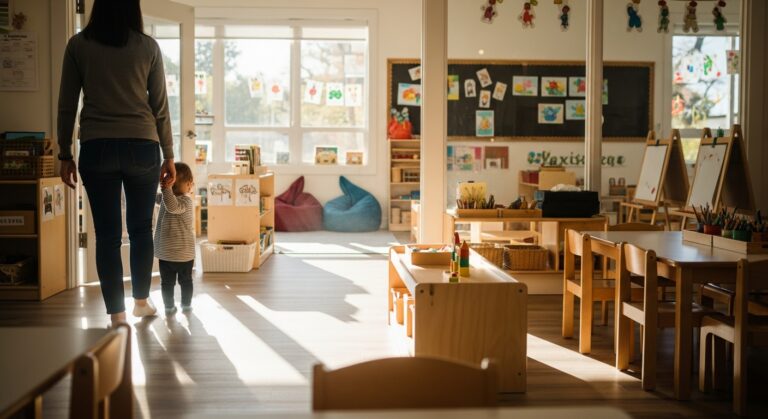 Parent and child walking into a bright preschool classroom - how to choose a preschool