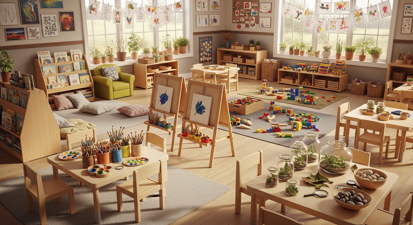 Well-organized preschool classroom with learning centers, bookshelves, and art stations
