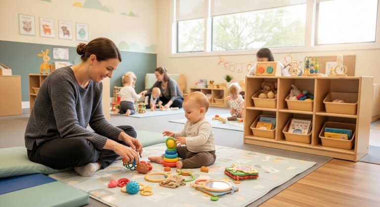 Caring caregiver interacting with infants in a bright, nurturing infant care daycare classroom