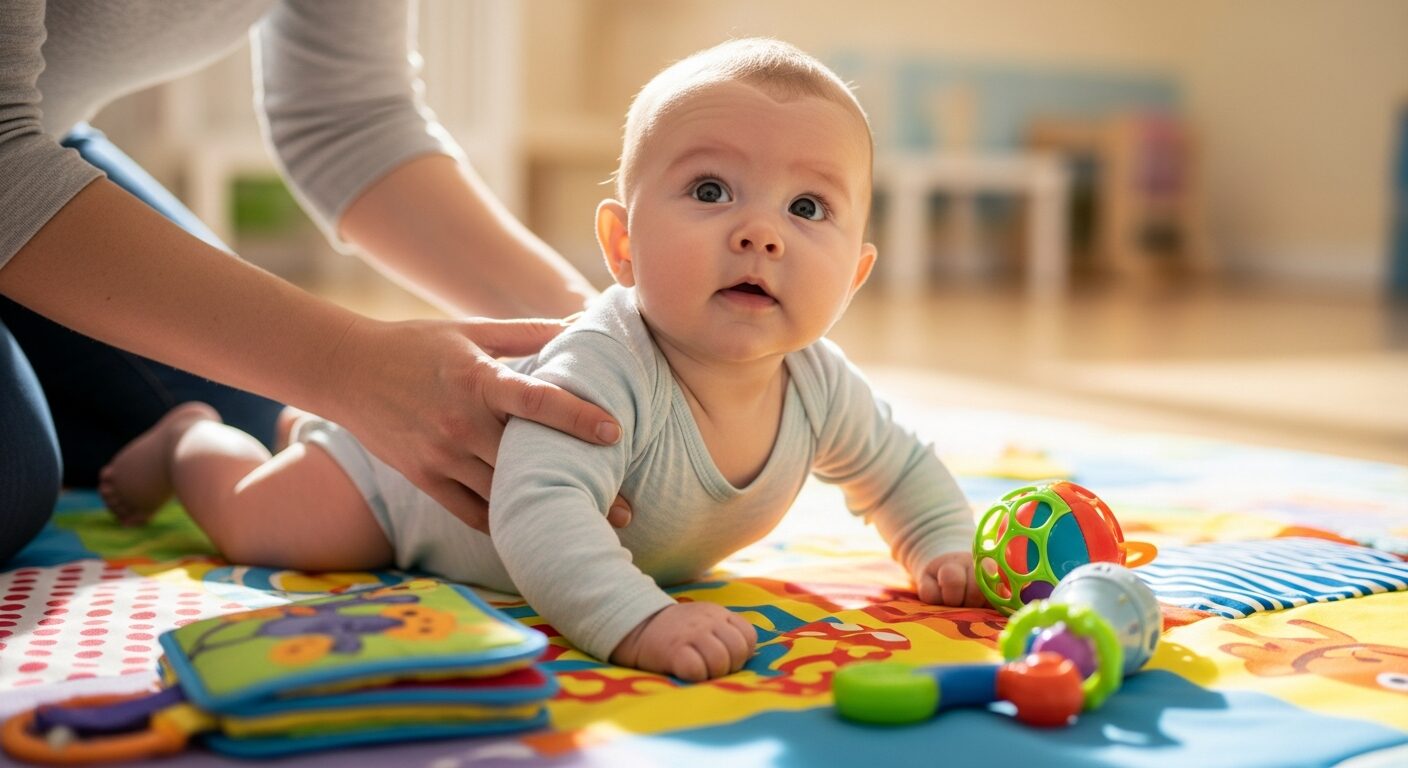 Infant doing tummy time with caregiver support at daycare