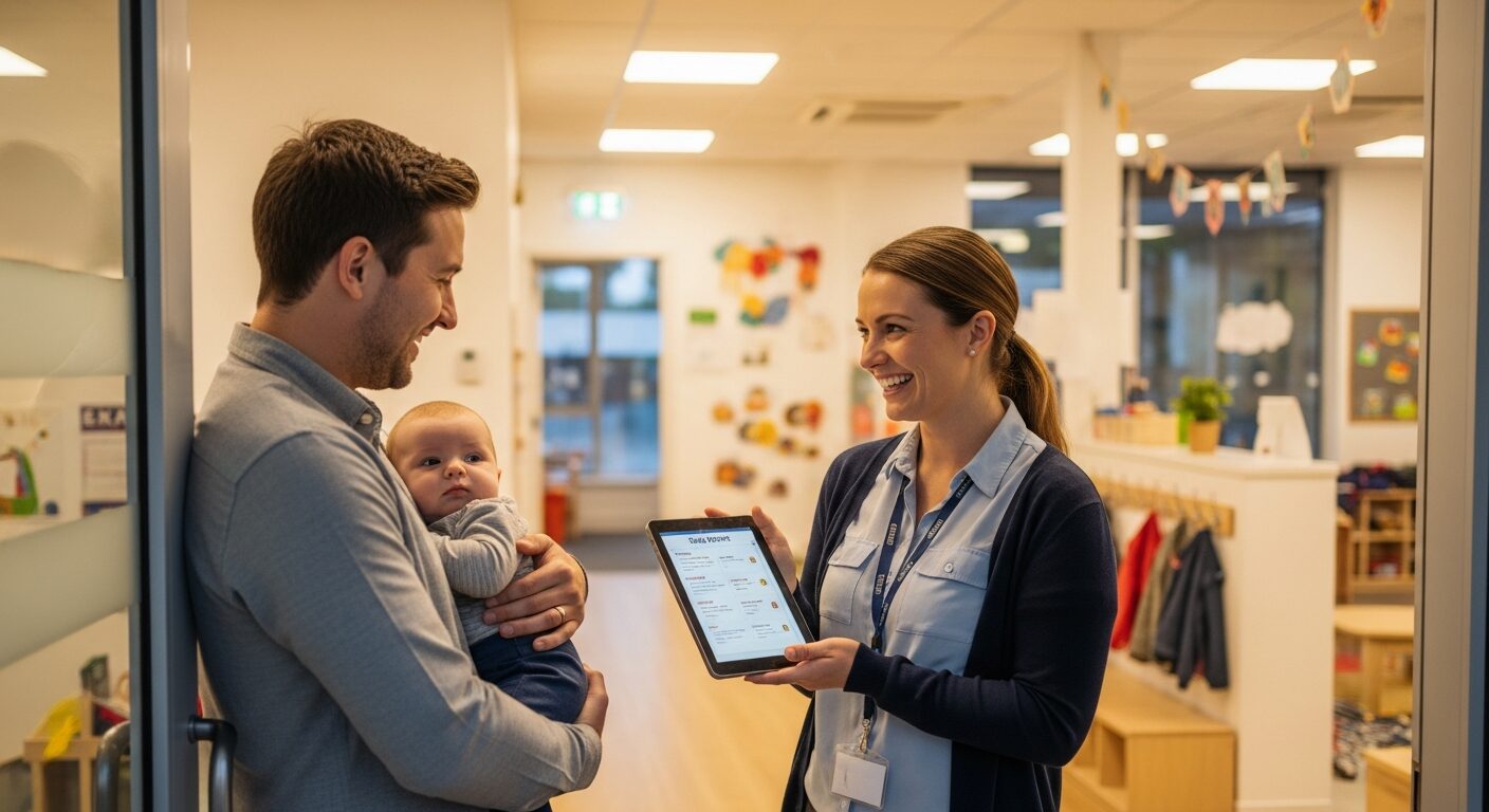 Parent receiving daily report from infant daycare caregiver at pick-up