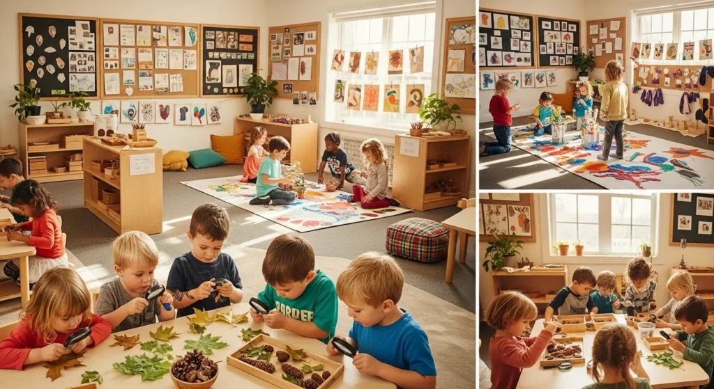 Preschool children engaged in early childhood project based learning, exploring nature specimens and creating art in a Reggio Emilia inspired classroom