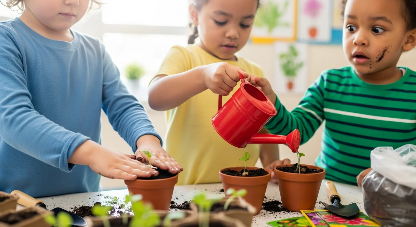 Young children planting seeds in a preschool garden project, hands-on project based learning activity