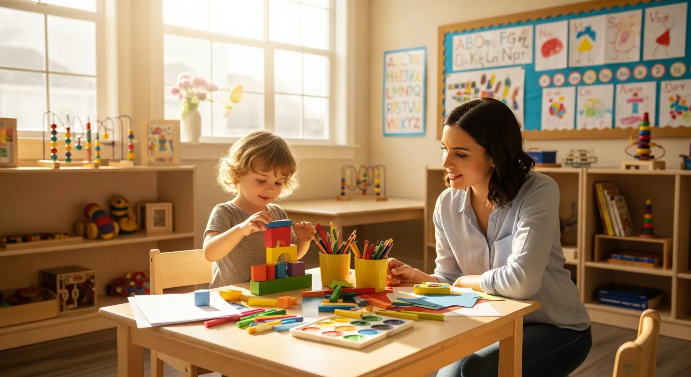 3-year-old child engaged in hands-on preschool learning with colorful blocks and art supplies in a bright classroom