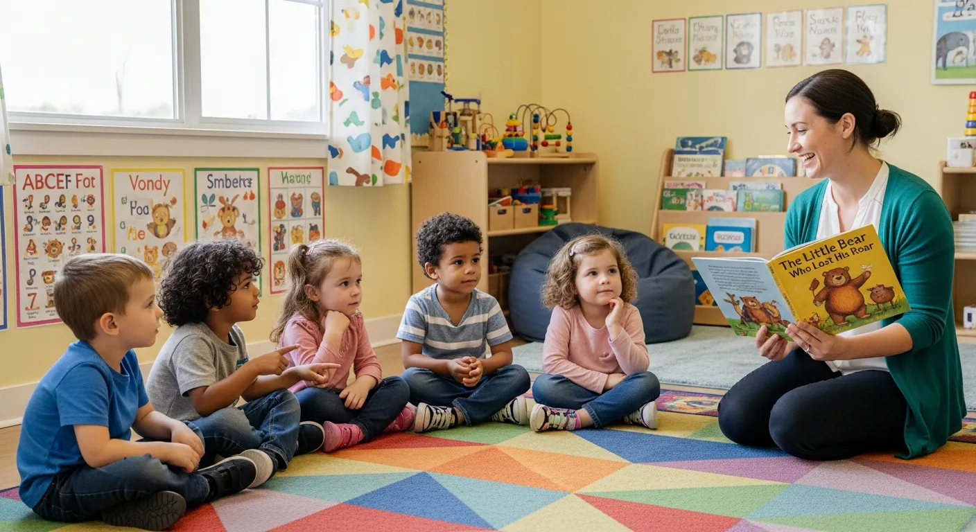 Diverse group of 3-year-olds during preschool story time with their teacher in a cheerful classroom setting