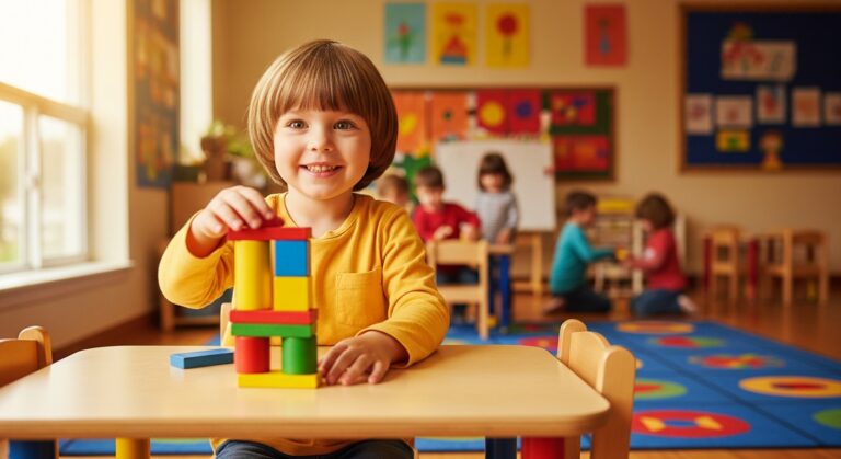 Young child stacking colorful blocks in a preschool classroom as part of preschool readiness activities