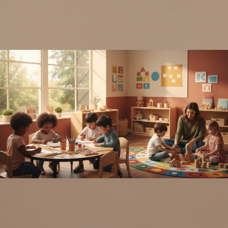 Preschool vs daycare classroom showing young children engaged in learning activities with a caring teacher