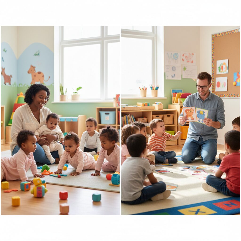 Comparison of daycare and preschool environments showing toddlers in play-based care and preschoolers in structured learning