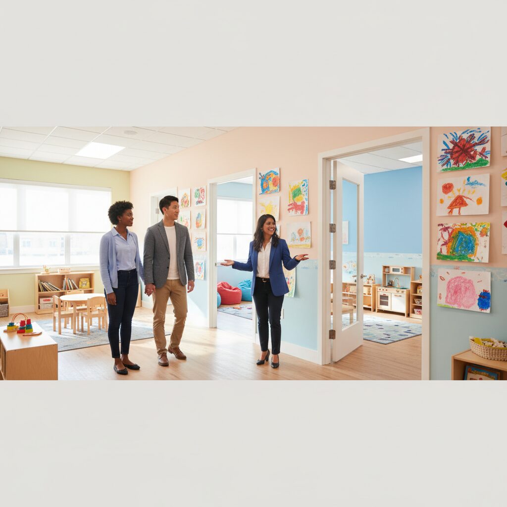 Parent touring a childcare center with a director showing bright classrooms and learning spaces
