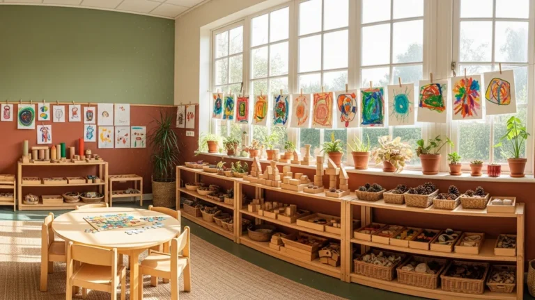 A bright Reggio Emilia-inspired classroom with natural wood shelves, childrens artwork on the walls, and soft natural light