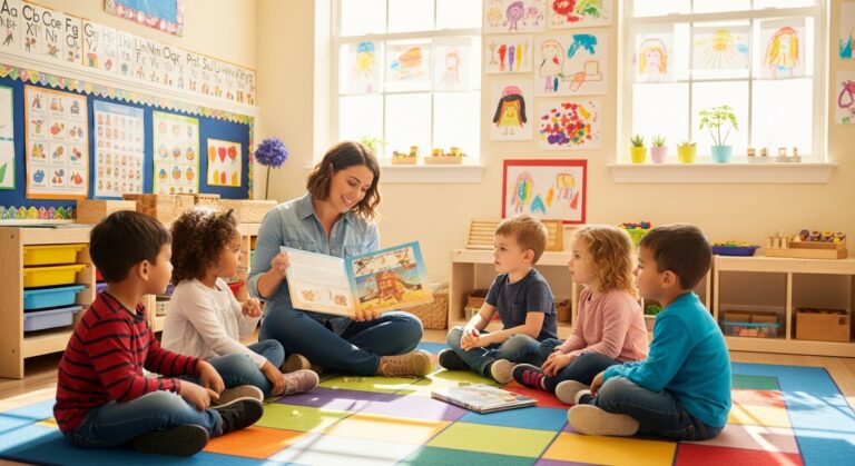 Preschool-aged children sitting in a circle during group time in a bright classroom - signs your child is ready for preschool