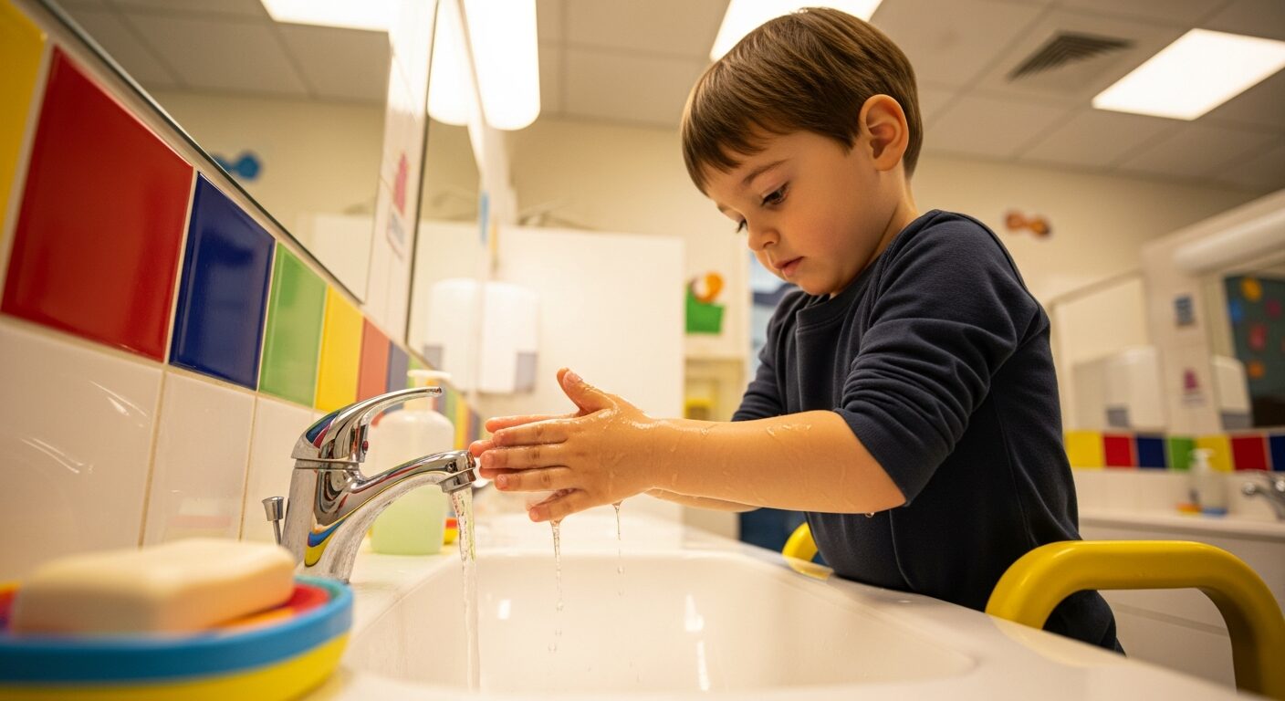 Young child washing hands independently at a preschool sink showing self-care readiness for preschool