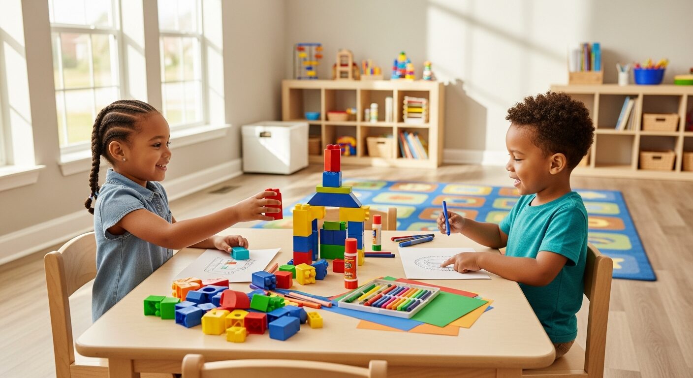 Two preschool children playing together and sharing art supplies showing social readiness for preschool