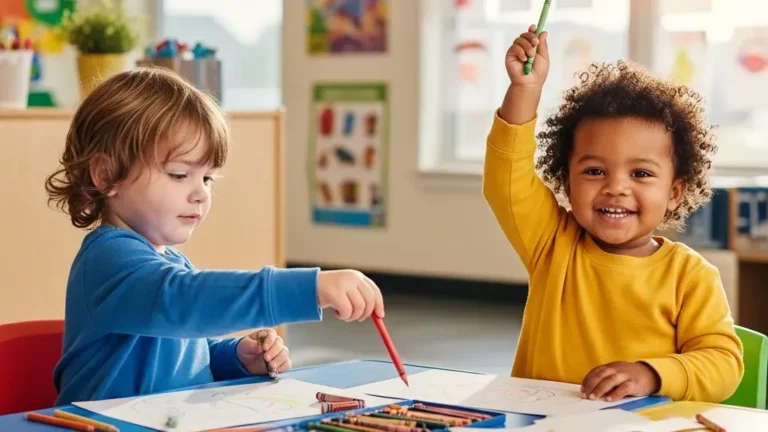 Two toddlers playing together at a classroom table in an early childhood education center