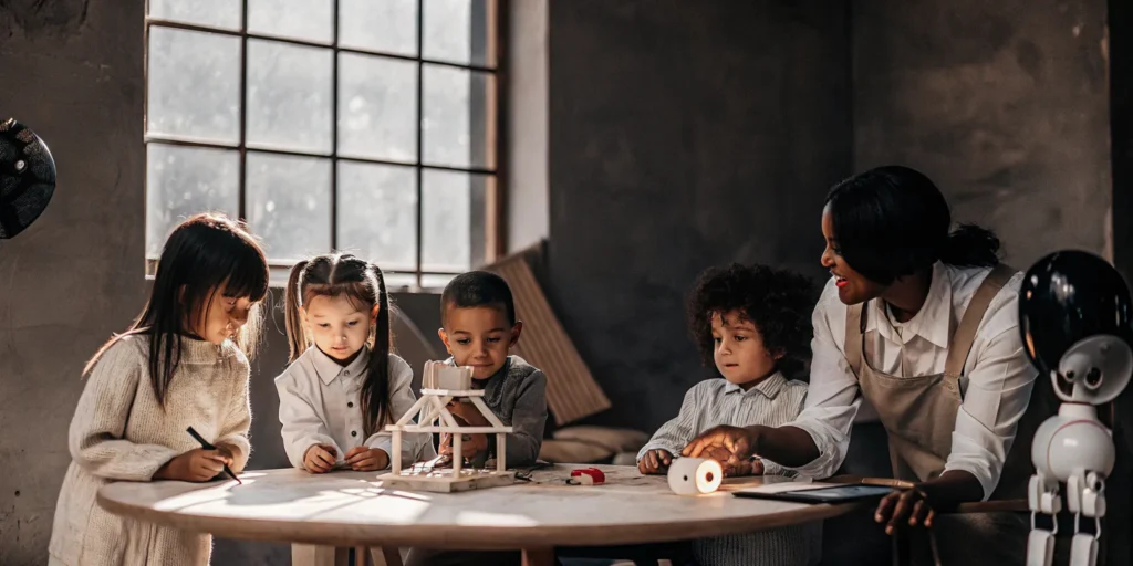 Young children collaborating on a project in an early learning center with a project-based curriculum.