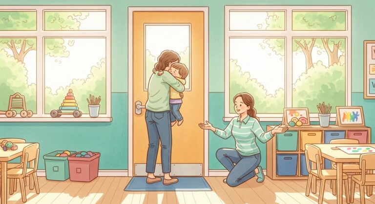 Parent hugging toddler goodbye at daycare drop-off while a teacher welcomes the child into a bright classroom