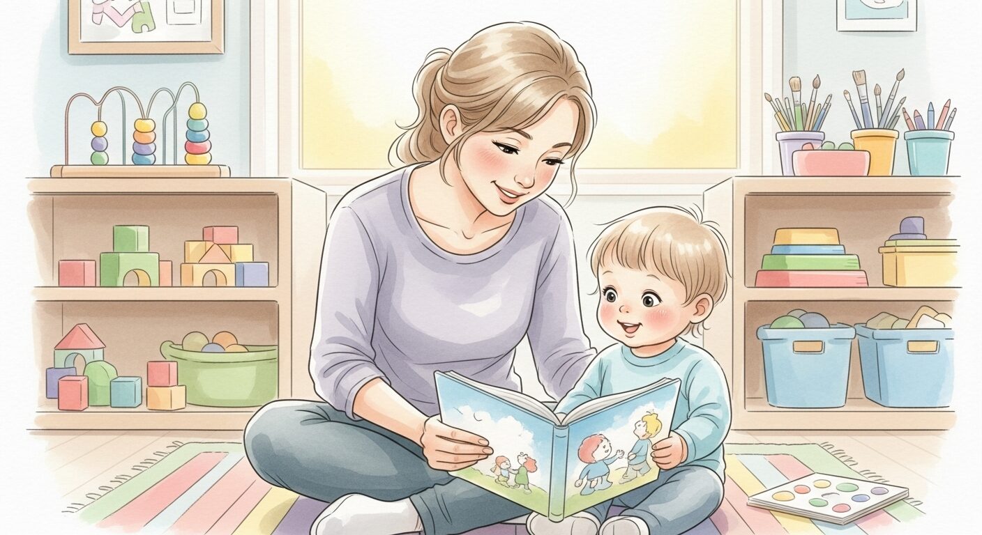 Teacher reading a picture book with a toddler in a colorful daycare classroom to help ease separation anxiety