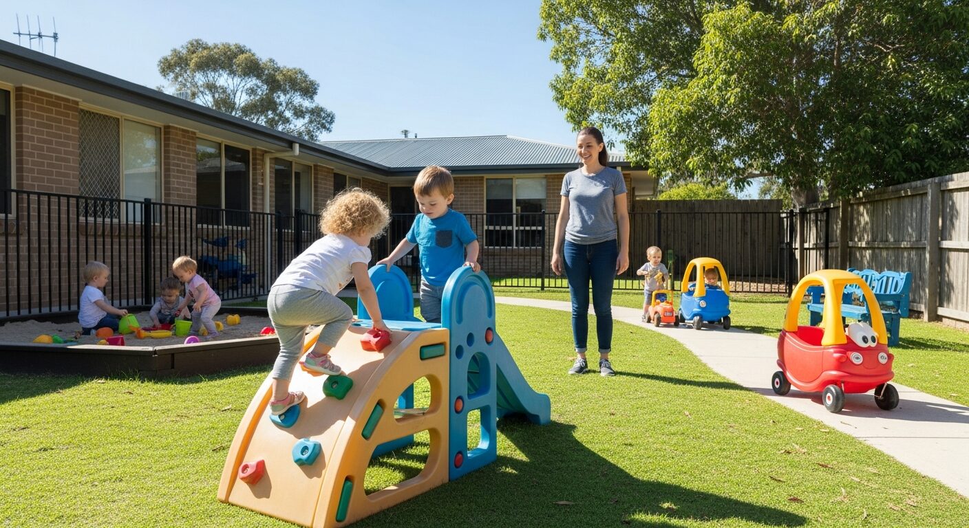 Toddlers playing outdoors at daycare playground with teacher supervision