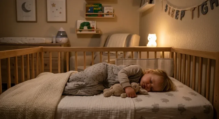 Toddler sleeping peacefully in a cozy crib at night with soft nursery lighting