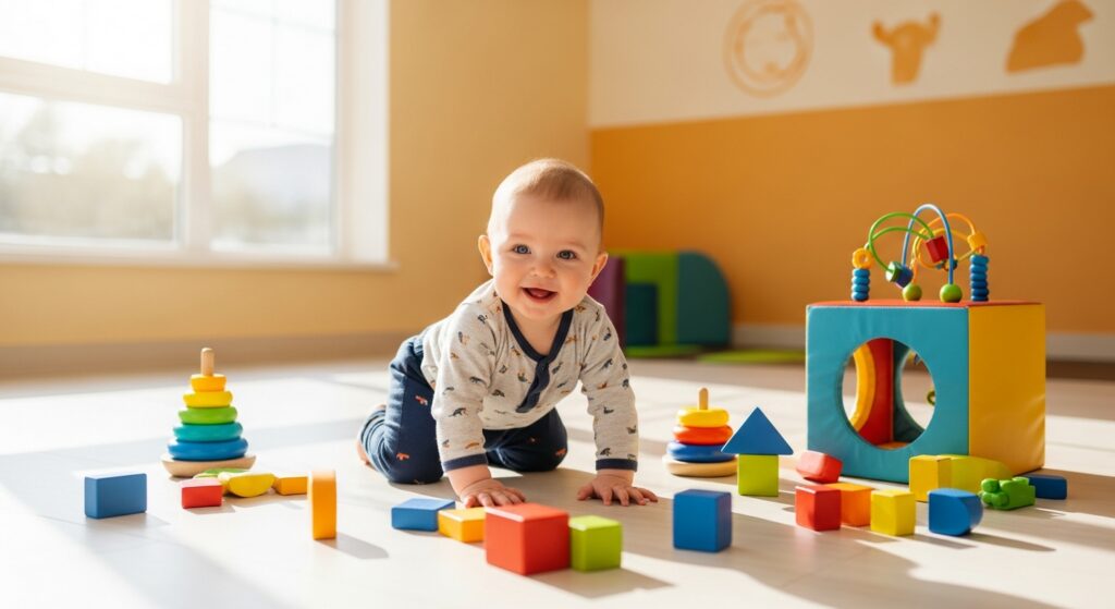 Happy baby crawling on a bright playroom floor - when do babies start crawling milestone guide
