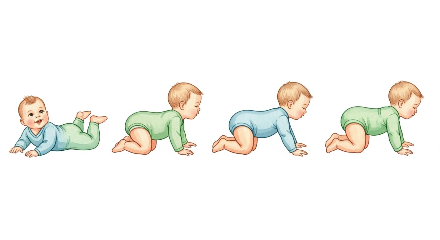 Stages of baby crawling development from tummy time to hands-and-knees crawl