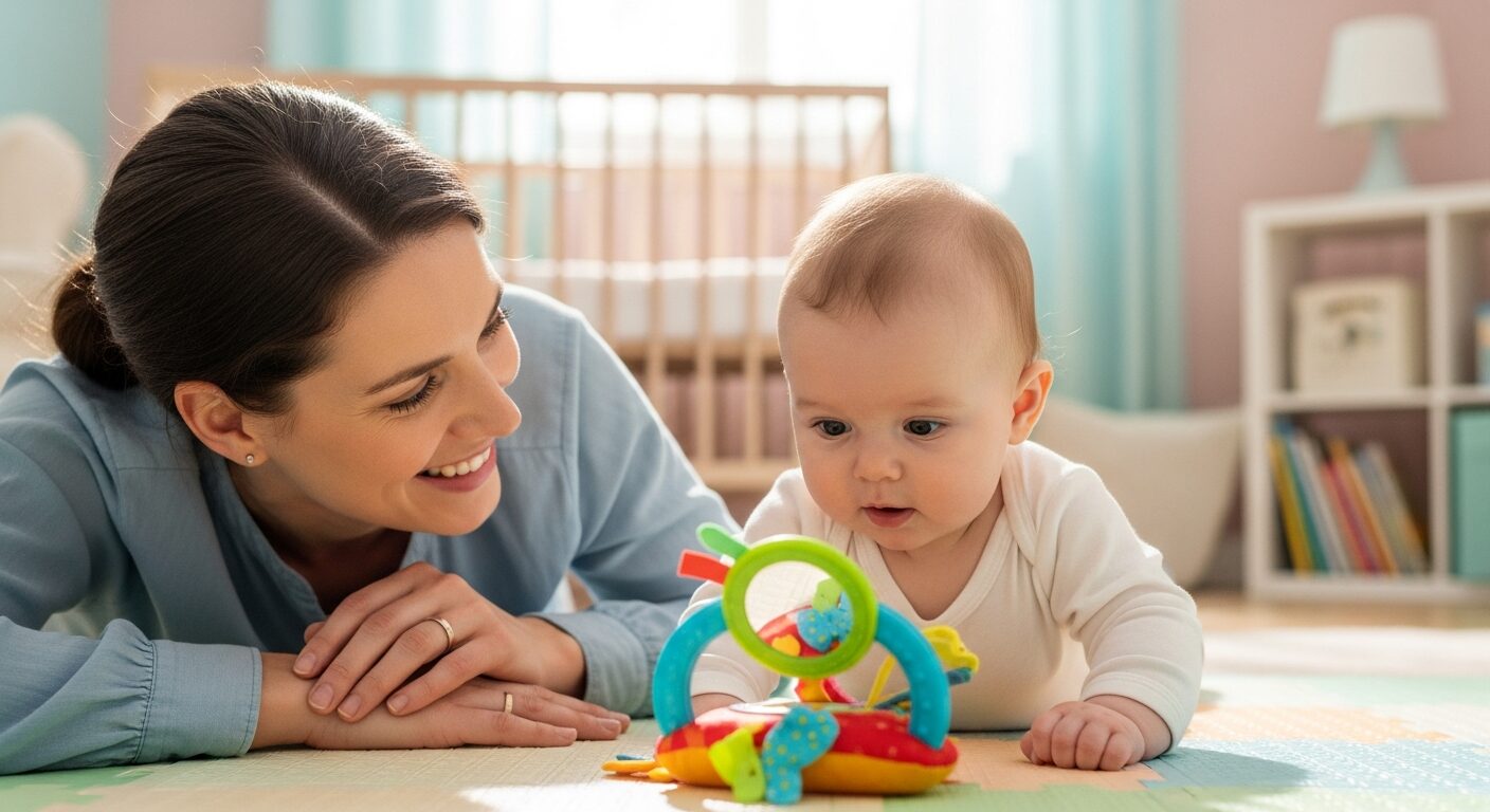 Parent on the floor at eye level during baby tummy time with colorful toys