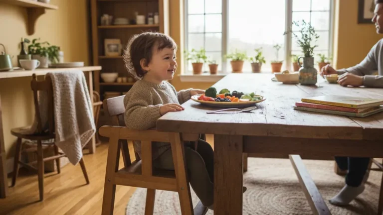 Toddler sitting in a high chair looking away from a colorful plate of healthy food